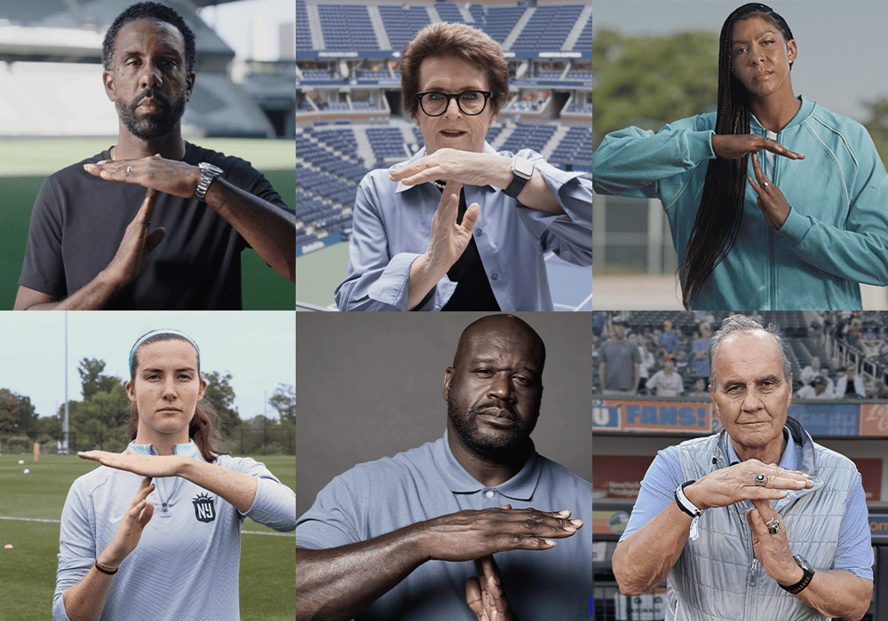 Collage of six individuals displaying the 'Timeout' hand signal, comprising athletes and coaches from various sports.